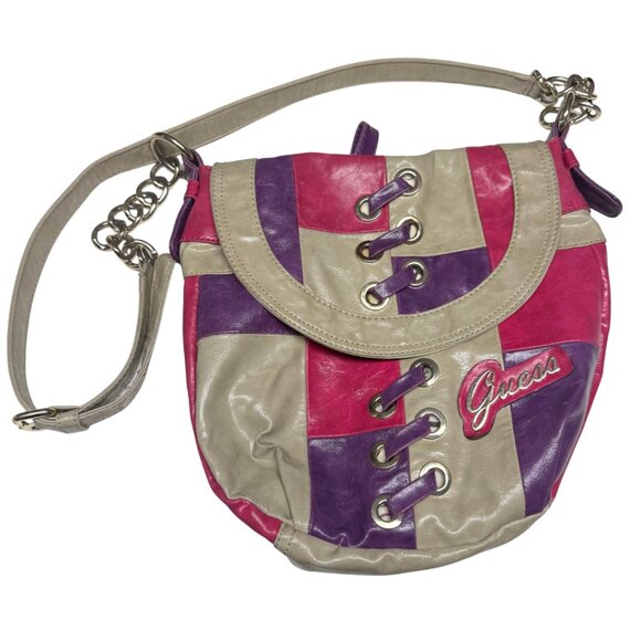 Y2K Guess Patchwork Shoulder Crossbody Bag – Pink/Purple/Beige – Vintage 2000s - Picture 1 of 15
